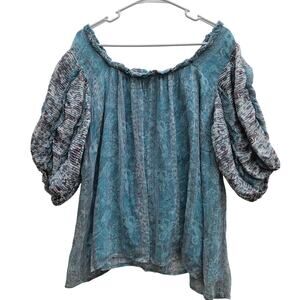 Anthro Let Me Be Boho Puff Sleeve Blouse Cottagecore Blue Large